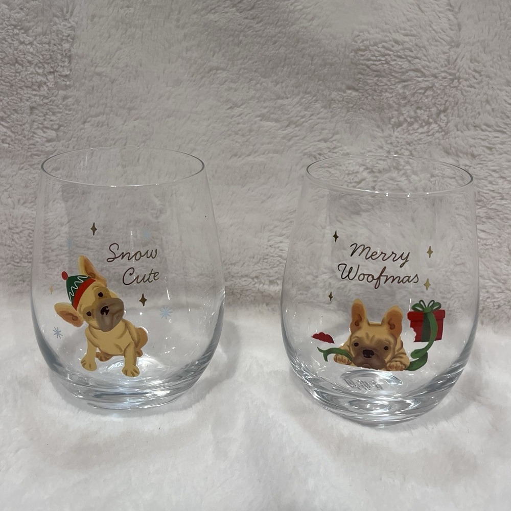 NEW 2 Lenox‎ Cambridge Christmas Holiday Frenchie 18 oz Stemless Wine Glass Set